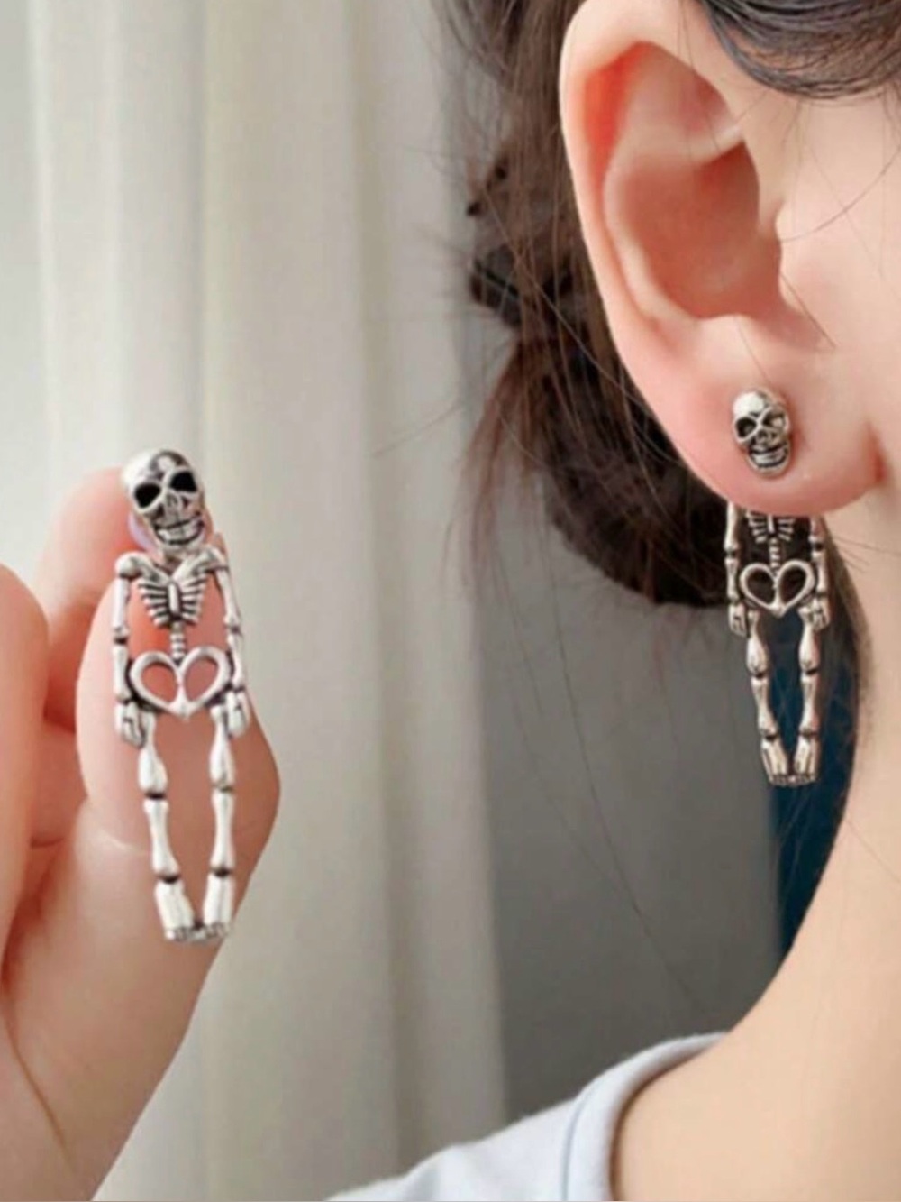 Silver Skeleton Drop Earrings halloween themed Y2K
